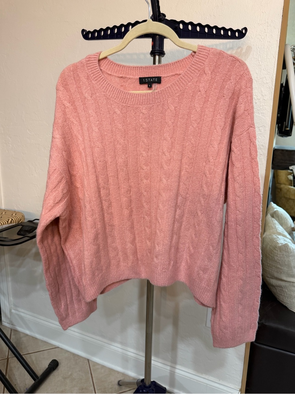 1. State Soft Pink Cable Knit Crewneck Sweater